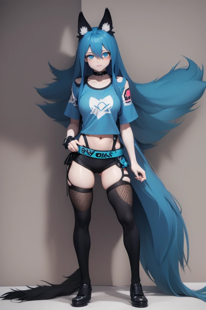 Miku Hatsune, add high definition_detail:1, blue fur,kitsune ears, tribal tattoo add_detail:1 cute high school clothes, pretty girl add_detail:3 18 year old girl, short black lycra, black metal t shirt, flirty look add_detail:3, is standing full body