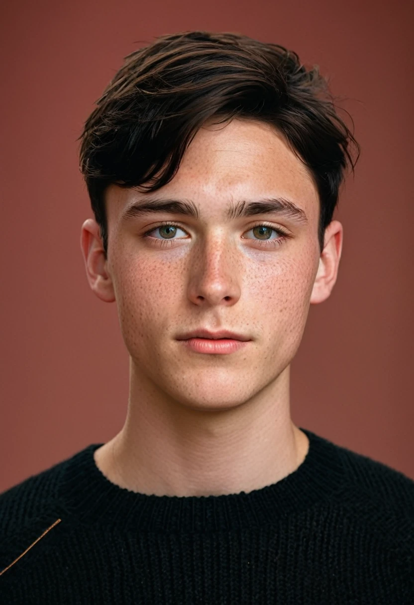 features a young man with fair skin and dark hair cut slightly below his chin. Your eyes are light in color, and they have prominent freckles on their cheeks and nose. The individual is looking directly at the viewer, displaying a neutral to subtly thoughtful expression, with the head slightly tilted. They are wearing what appears to be a dark sweater or blouse.. The background is solid, in warm tones, coral color that contrasts with the subject's dark hair and pale complexion, bringing focus to your face and expression.