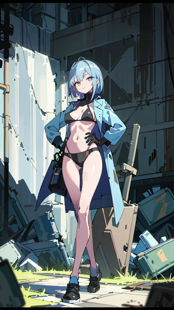 Masterpiece, best quality, Masterpiece, best quality, 1 woman , blue eyes , Blue Bob , coat , sly face , cold , black bikini , abdomen, big breasts , Long legs , canvas shoes , Put your hands on your hips.. , abandoned factory , at night