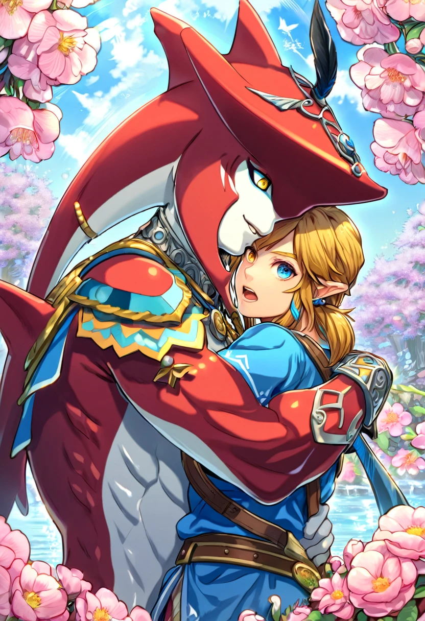 absurdres, highres, ultra detailed, HDR, master piece, best quality, perfect face, delicated features, red Zora, Sidon, expressive yellow eyes, The Legend Of Zelda Breath Of The Wild, Link, expressive blue eyes, blond hair, two sexy men hugging, blue tunic, prince clothes, gay couple, yaoi, handsome, zora domain, pink blossoms, pink flowers, water, fantasy