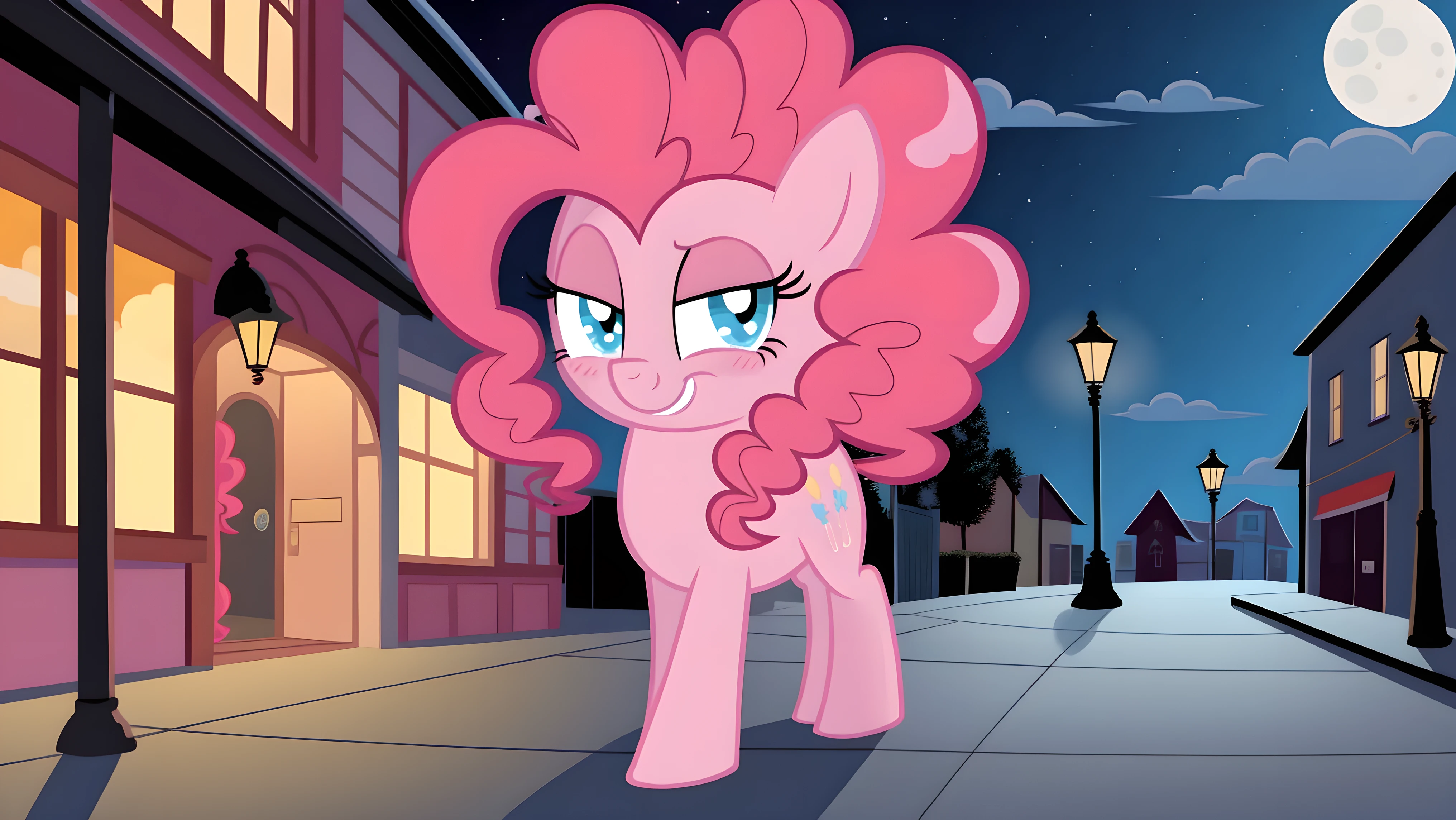 Pinkie pie, pony, walking, skirt, pussy, pussy juice, buttplug, looking at the viewer, smirk, seductive, blush, in the village, in public, everyone walking around, evening, street lamps, foggy, moon, clouds
