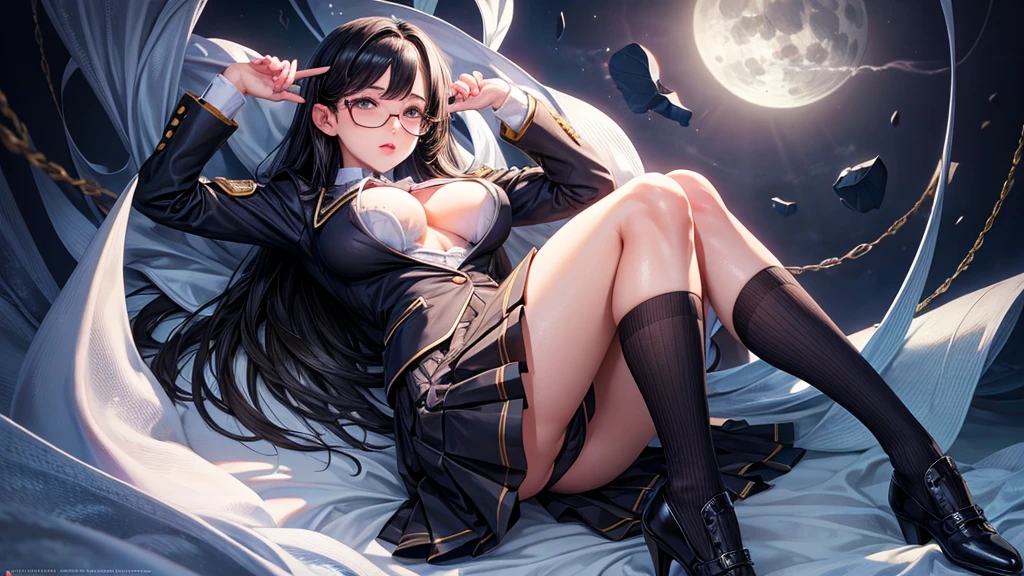 a beautiful detailed girl, school uniforms , glasses, black hair, big breast, underboobs, detailed face, detailed eyes, detailed lips, delicate facial features, elegant pose, detailed hand and fingers, full body, detailed folds and textures, vibrant colors, natural soft lighting, 8k, masterpiece, moonlight