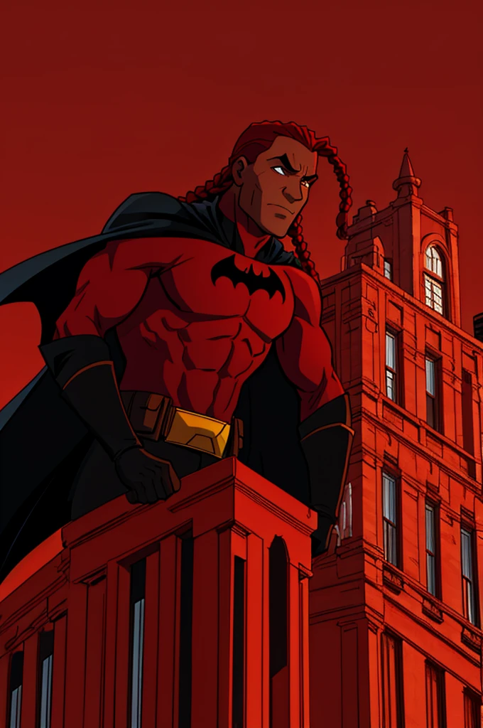 Batman without a mask with brown skin color with red braids at the ends on top of a building with a red background