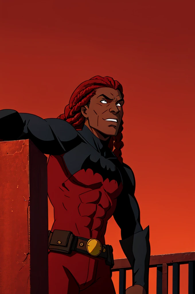 Batman without a mask with brown skin color with red braids at the ends on top of a building with a red background 