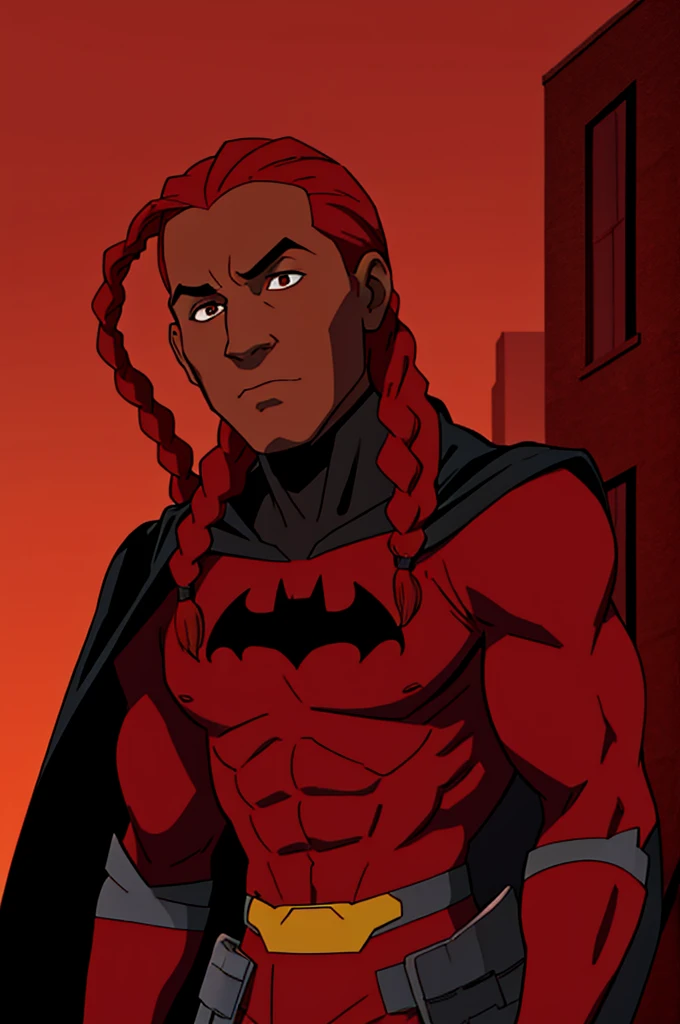 Batman without a mask with brown skin color with red braids at the ends on top of a building with a red background 