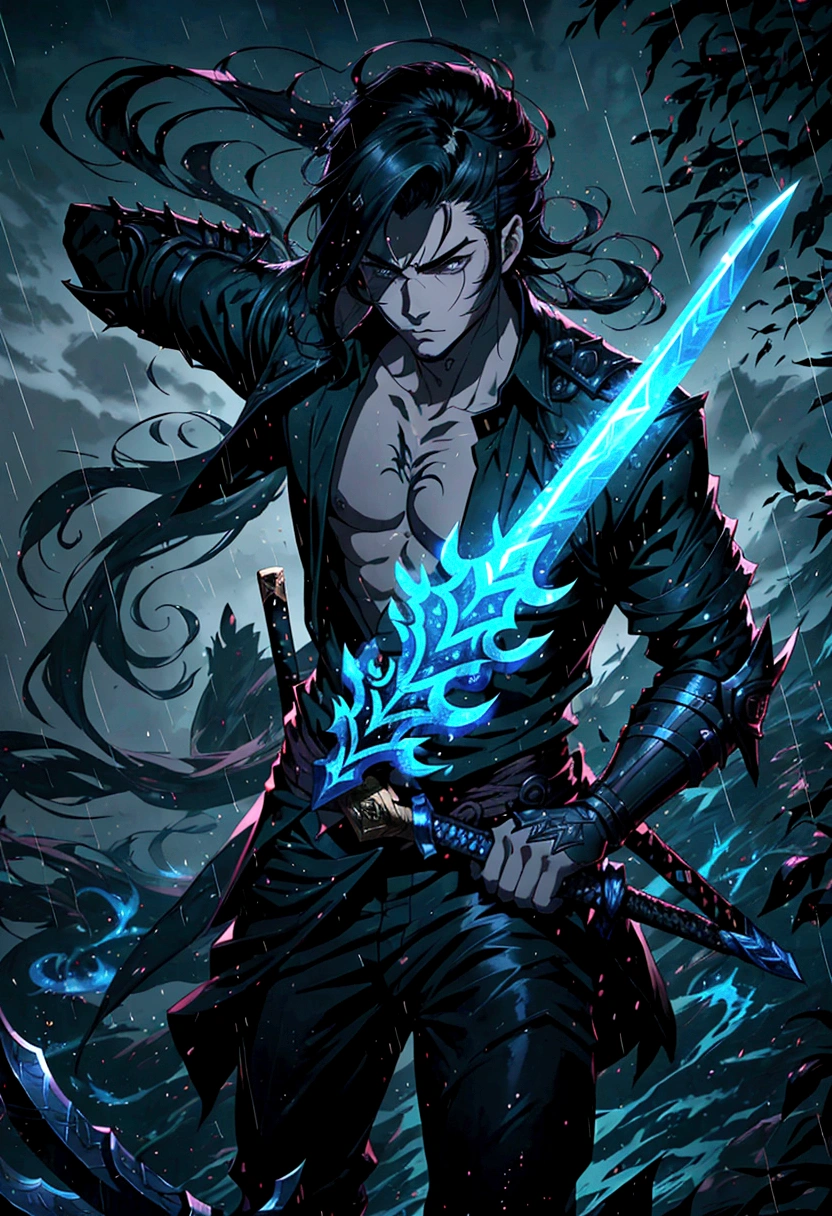 League of Legends Yasso characters, Handsome and delicate face, Armed with a sword, Yasuo uses his sword to blow the wind, Scene in rainy sky, Gray, Ultra-high resolution, 8k. Long flowing black hair, Handsome and stylish, Only a sharp sword,Cheekbone holding sword
