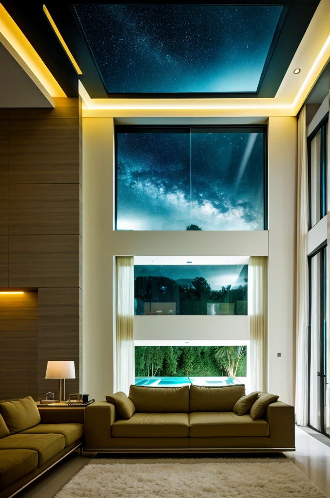  house interior , drawing room scene  , ultra detailed fantasy,galaxy design sky visible out side of the window , futuristic alien technology house design, sofhesticated design , luxury design , luxury furniture , big sofa set in the room , big led tv hanging in the wall facing sofa set , rectangular pool behind sofa , greenry outside of the house , large  glass window  , dim yellow light glowing everywhere in the room   ,  realistic, behance hd, night time , master piece 