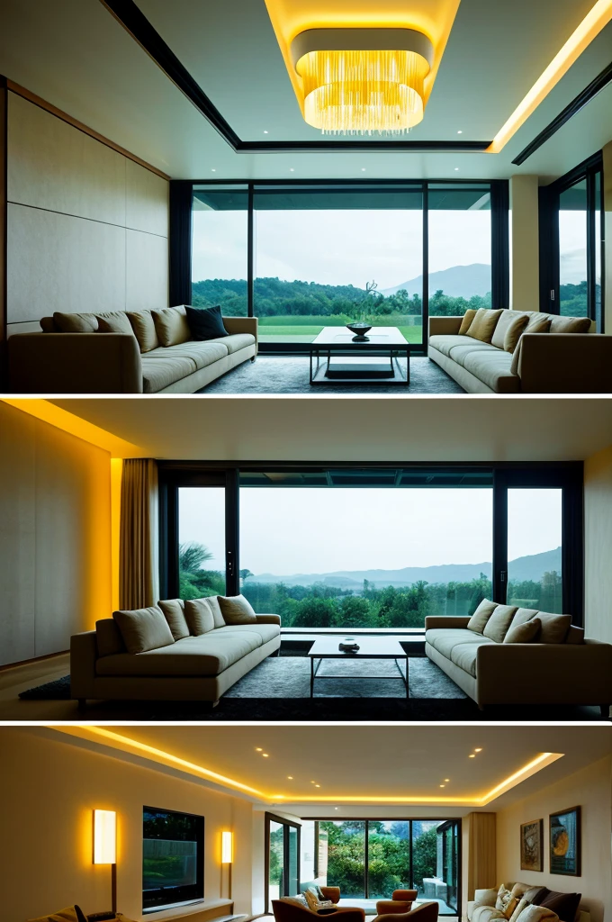  house interior , drawing room scene  , ultra detailed fantasy,galaxy design sky visible out side of the window , futuristic alien technology house design, sofhesticated design , luxury design , luxury furniture , big sofa set in the room , big led tv hanging in the wall facing sofa set , rectangular pool behind sofa , greenry outside of the house , large  glass window  , dim yellow light glowing everywhere in the room   ,  realistic, behance hd, night time , master piece 