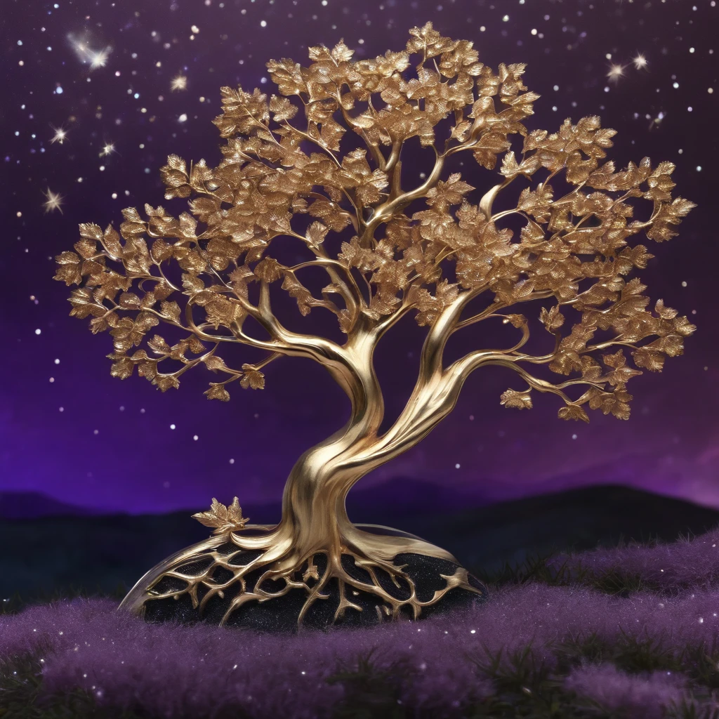 Sterling silver oak tree with solid gold leaves in front of a starry purple background