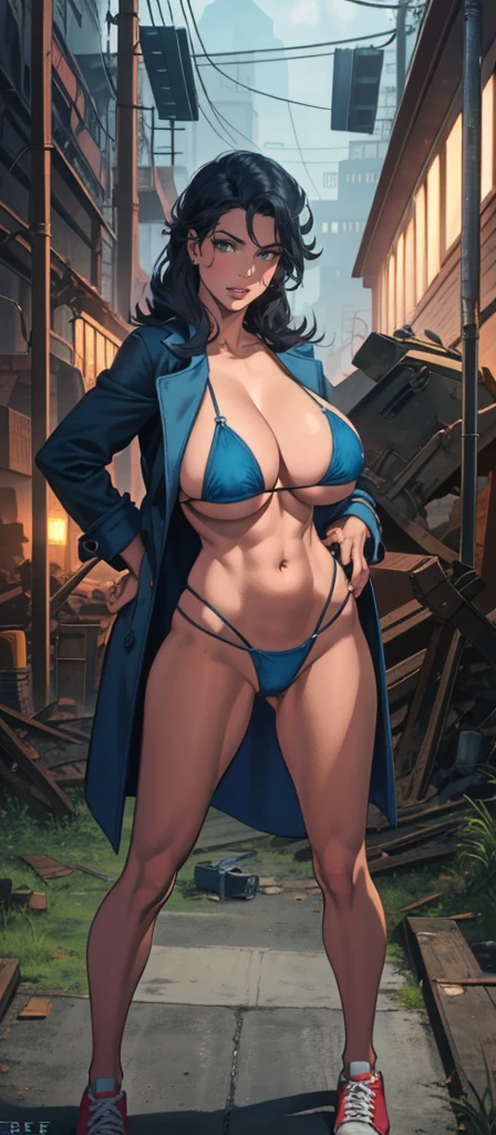 Masterpiece, best quality, Masterpiece, best quality, 1 woman , blue eyes , Blue Bob , coat , sly face , cold , black bikini , abdomen, big breasts , Long legs , canvas shoes , Put your hands on your hips.. , abandoned factory , at night