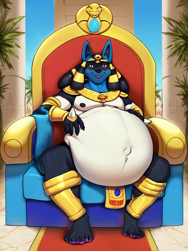 score_9_up, solo, male Lucario, anthro, male, pokemon, pokemon \(species\), generation 1 pokemon, shirtless, dressed like an Egyptian god, sitting in throne with servants next to them, ancient egyptian temple, inflating, hyper belly