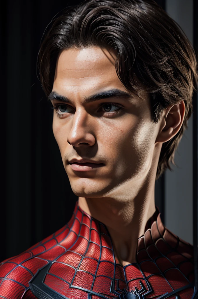 A photograph of Spider-Man., sin mascara, the 20s, elegant, detailed face, looking to the camera, portrait, 8k hd, high quality