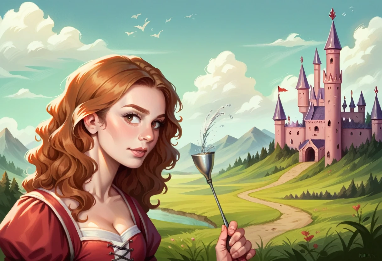 photorealistic lady, age 50, european, red wavy hair, as female medieval knight, guarded by a red big mystic Fire spitting Dragon, medieval burning castle landscape, cinematic material, raw photo, high detailed, high quality, wideview, widescreen, look to viewer