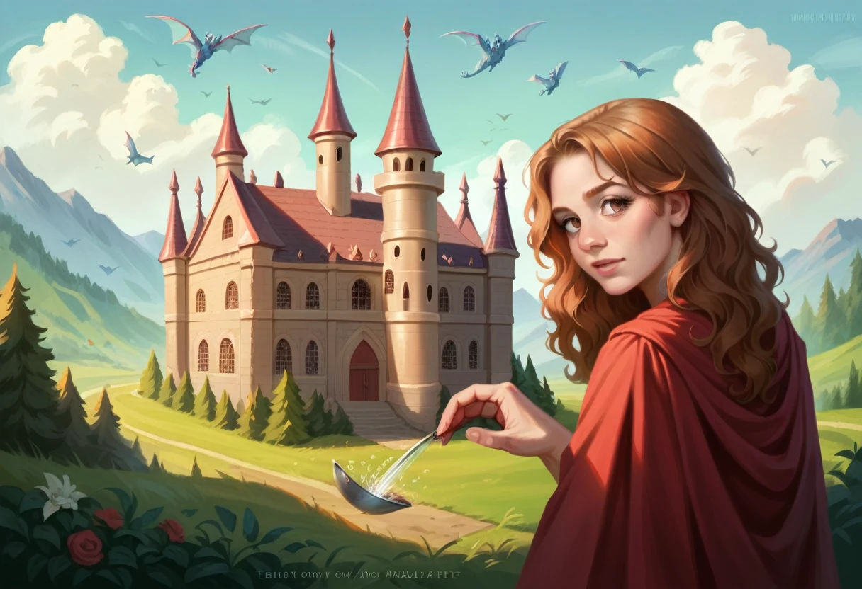 photorealistic lady,  age 50, european, red wavy hair, as female medieval knight, guarded by a red big mystic Fire spitting Dragon, medieval burning  castle landscape,  cinematic material, raw photo, high detailed, high quality, wideview, widescreen,  look to viewer