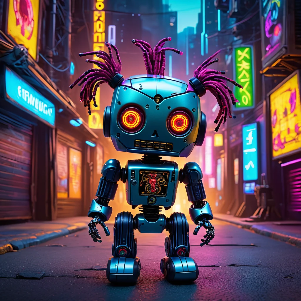 (knitted toy voodoo doll:1.5), (Voodoo Doll in a Robot World:1.3), (Clothing: cybernetic attire with circuit patterns:1.0), (Accessories: enchanted microchip emitting electric sparks, floating robotic companions:1.1), (background: futuristic cityscape with towering robots, neon lights, and advanced technology:1.2), best quality, masterpiece, detailed soft oil painting, detailed background, dramatic cinematic lighting, soft edge lighting, professional, dramatic lighting, hard edge lighting, ultra quality, 4k,masterpiece, best quality, 8k, ultra highres, highres, extremely detailed