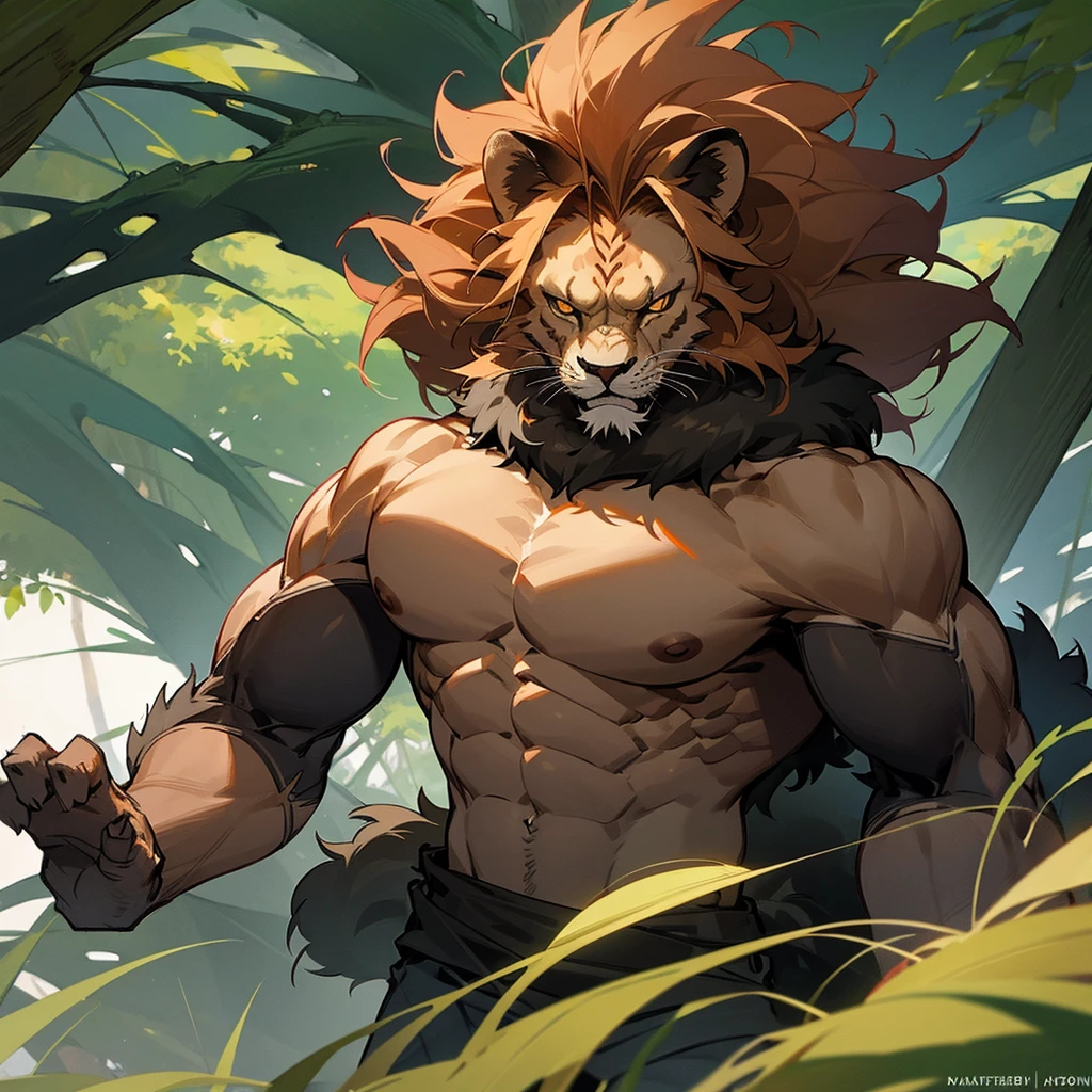 A angry humanoid lion in a forest, with full furred muscular body.