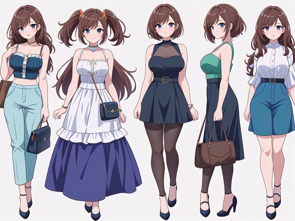 (((Best Quality))) , ((full body)), 4 lady, adult woman, multiple views, (((white background,))) variety of hairstyles, variety of fashion styles, seductive pose, fashionable and trendy atmosphere, holding bag, walk pose, dark blue/dark orange/dark green/dark violet/brown/white, short pants, bustier,