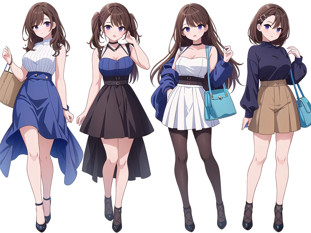 (((Best Quality))) , ((full body)), 4 lady, adult woman, multiple views, (((white background,))) variety of hairstyles, variety of fashion styles, seductive pose, fashionable and trendy atmosphere, holding bag, walk pose, dark blue/dark orange/dark green/dark violet/brown/white, short pants, bustier,