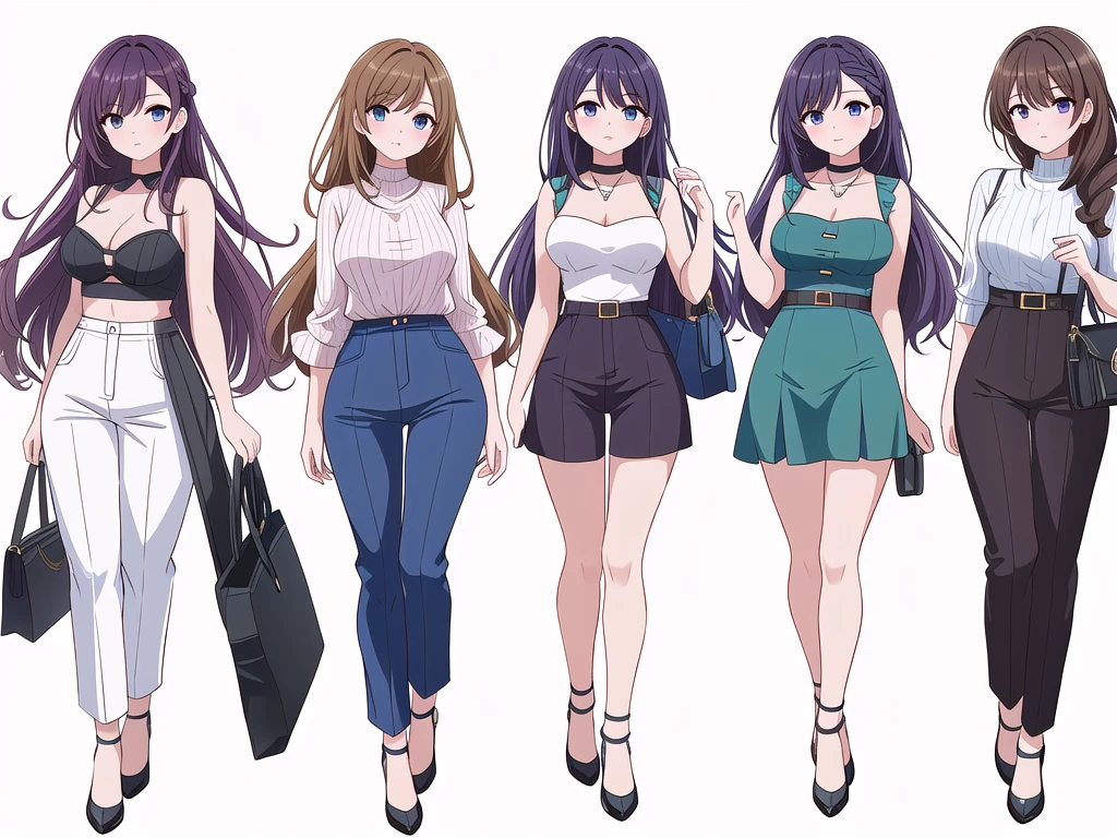 (((Best Quality))) , ((full body)), 4 lady, adult woman, multiple views, (((white background,))) variety of hairstyles, variety of fashion styles, seductive pose, fashionable and trendy atmosphere, holding bag, walk pose, dark blue/dark orange/dark green/dark violet/brown/white, short pants,   bustier,
