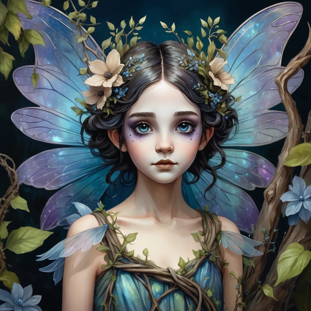 a character figure made of wood and tree trunks posing from the front, next to a fairy. Facial features, arms and legs made of crooked branches and vines, Boy has a rustic and natural appearance, with twisted bark details and knots. Next to the character a fairy with (blue draped dress), baroque illustration, creepy, watercolor, front view, frontal pose, soft colors,on a dark background of lush flowers, the fairy wings are big wings and iridescent, close up, digital portrait, medium shot, eerie goth on a dark background of lush flowers