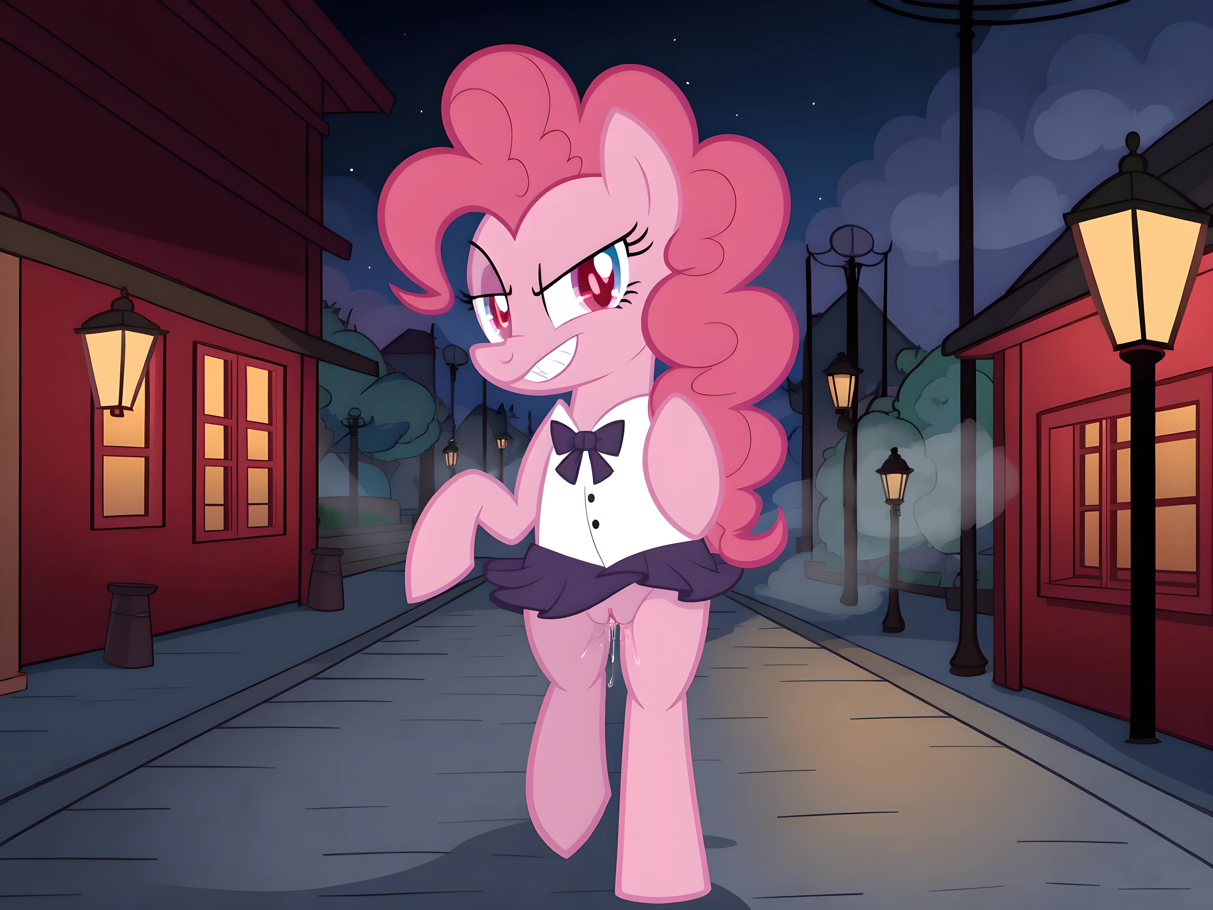 Pinkie pie, pony, walking,  skirt, pussy, pussy juice, vampire teeth, red eyes, glowing eyes, looking at the viewer, smirk, seductive,  in the forest, in public, evening, street lamps, fog, moon, clouds