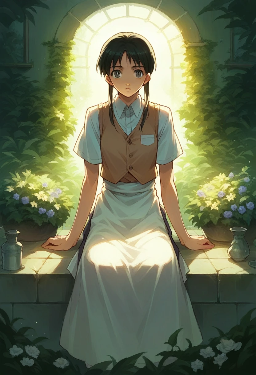Woman sitting in the garden, Apron vest, Very detailed, nice , 1900s, anime, Gorgeous lighting, Illuminated,sfnw