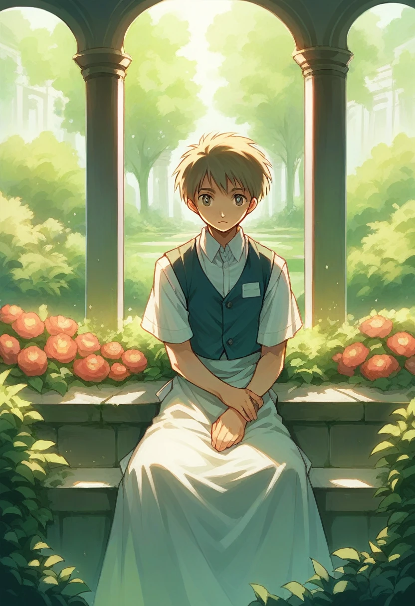 Woman sitting in the garden, Apron vest, Very detailed, nice , 1900s, anime, Gorgeous lighting, Illuminated，sfnw