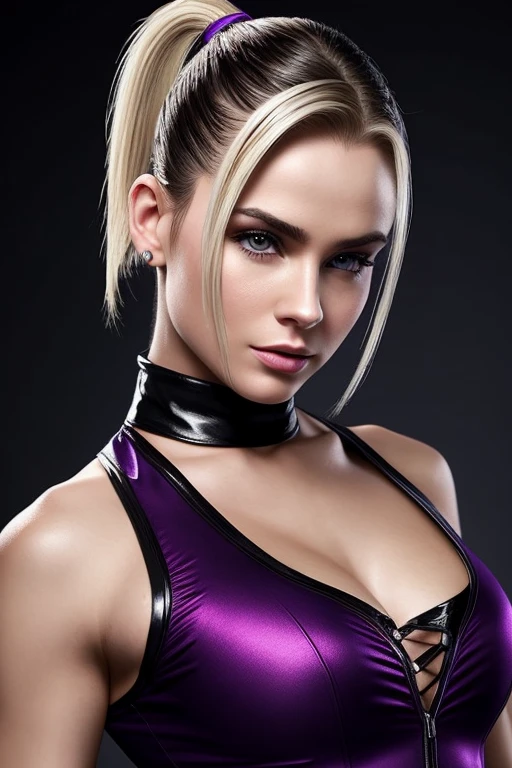 Gorgeous european woman with very short hair, short ponytail with fringe, wet hair, hair slicked back, combed straight back, slick hair, streaked blonde hair, seductive pose, sabrina carpenter as nina williams, torn ragged purple nina williams costume, cleavage, solid dark grey background