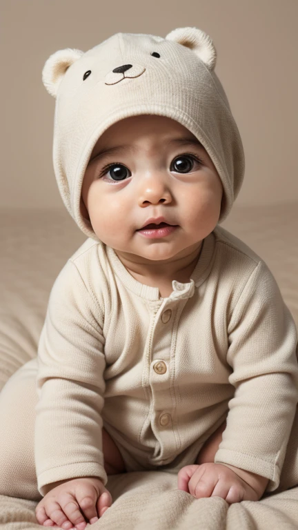 a human baby that has the following characteristics: serene and calm, transmitting a feeling of peace and tranquility, its eyes are open. Wearing simple and comfortable clothes, bear pajamas, with nothing on his head. The background of the image must be neutral, in a solid color, such as white, light gray or beige, without elements or prints that distract the baby's attention. The background of the image must be neutral, a solid color, such as white, light gray or beige, without elements or patterns that distract the baby's attention, in high resolution, the composition must center the baby in the image, with enough space around it for possible later editing