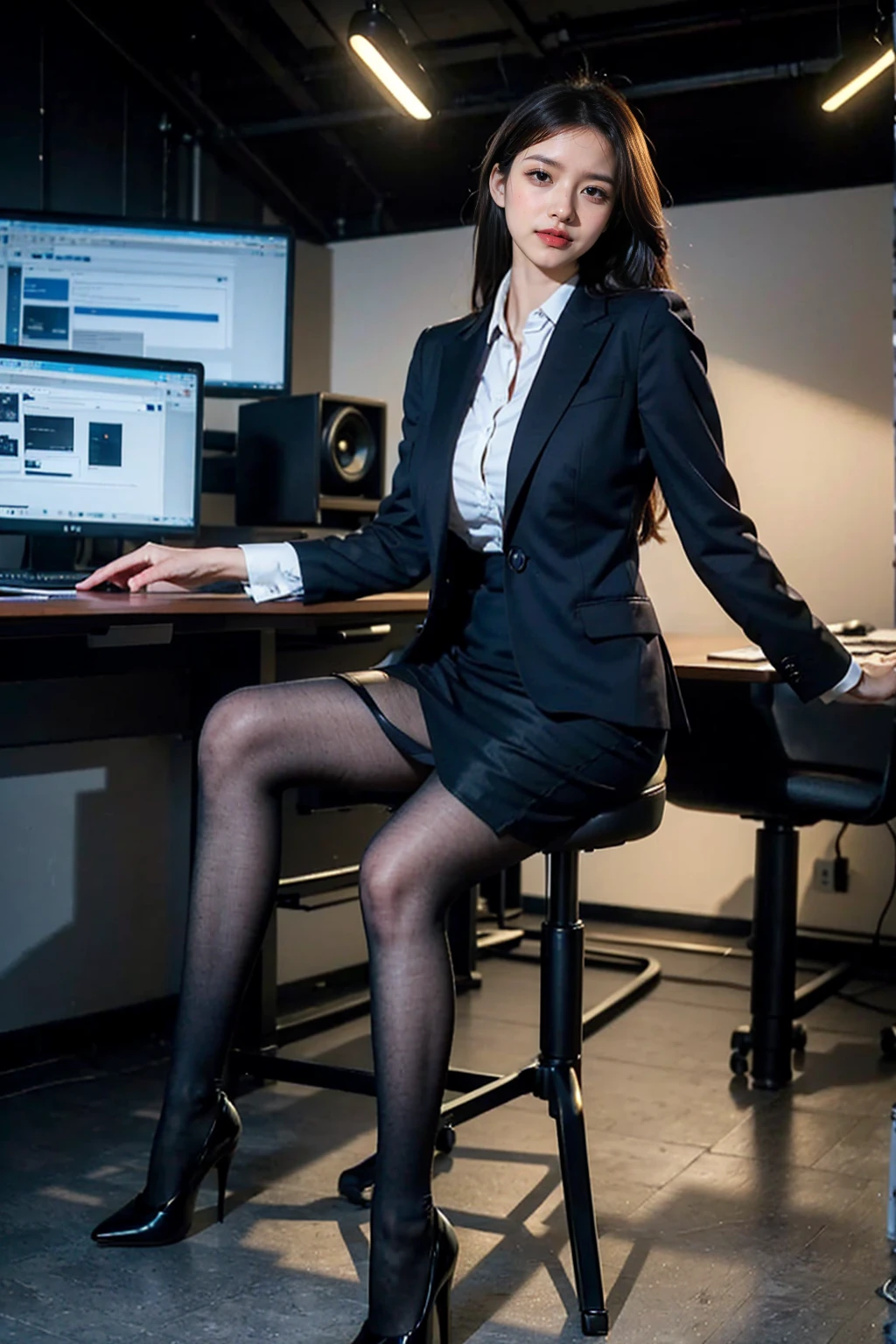 (Masterpiece), ((Best Quality)), (Masterpiece,Best Quality,offcial art,Extremely detailed CG unity 8k wallpaper), (Studio Supplies:1.3), Beauty Photography, miss,Solo,Elegant upper-class elite secretary in a business shirt,Perfect look,Double eyelid eyes,delicate makeup, working in office,wearing a strict business suit, Wearing pantyhose,Wear high-quality heels,Girl in a shirt, Wearing a suit, huge,full bodyesbian,Wearing a suit, Wearing a suit, merchant, business outfit, wearing a black suit, Wear a shirt and skirt, Woman in a suit, business outfit,Computer Chair,Sits,Erlang Bridge,high-heel,looking up at viewer,cheerful,intricated details,Foot Focus,From below,