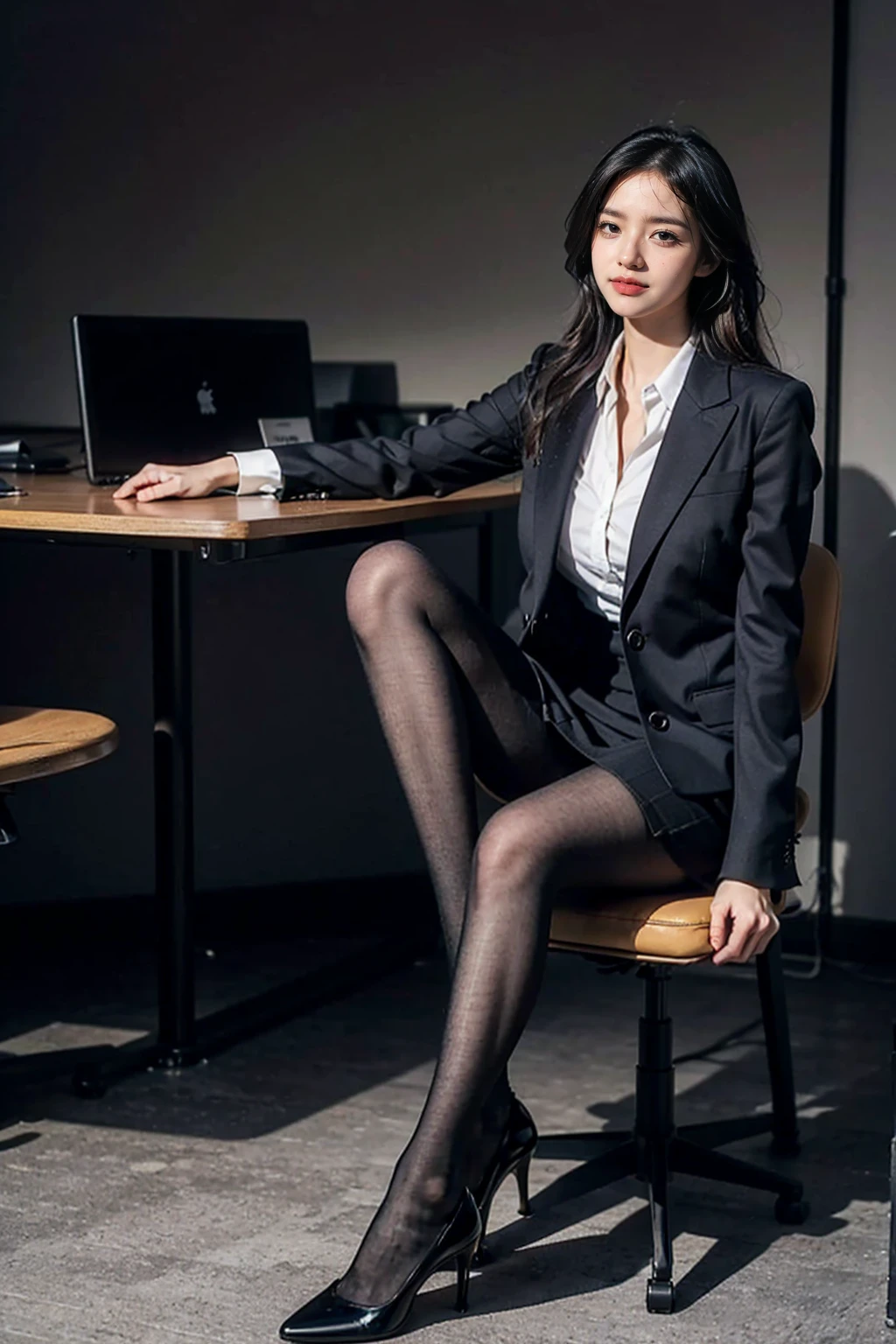 (Masterpiece), ((Best Quality)), (Masterpiece,Best Quality,offcial art,Extremely detailed CG unity 8k wallpaper), (Studio Supplies:1.3), Beauty Photography, miss,Solo,Elegant upper-class elite secretary in a business shirt,Perfect look,Double eyelid eyes,delicate makeup, working in office,wearing a strict business suit, Wearing pantyhose,Wear high-quality heels,Girl in a shirt, Wearing a suit, huge,full bodyesbian,Wearing a suit, Wearing a suit, merchant, business outfit, wearing a black suit, Wear a shirt and skirt, Woman in a suit, business outfit,Computer Chair,Sits,Erlang Bridge,high-heel,looking up at viewer,cheerful,intricated details,Foot Focus,From below,