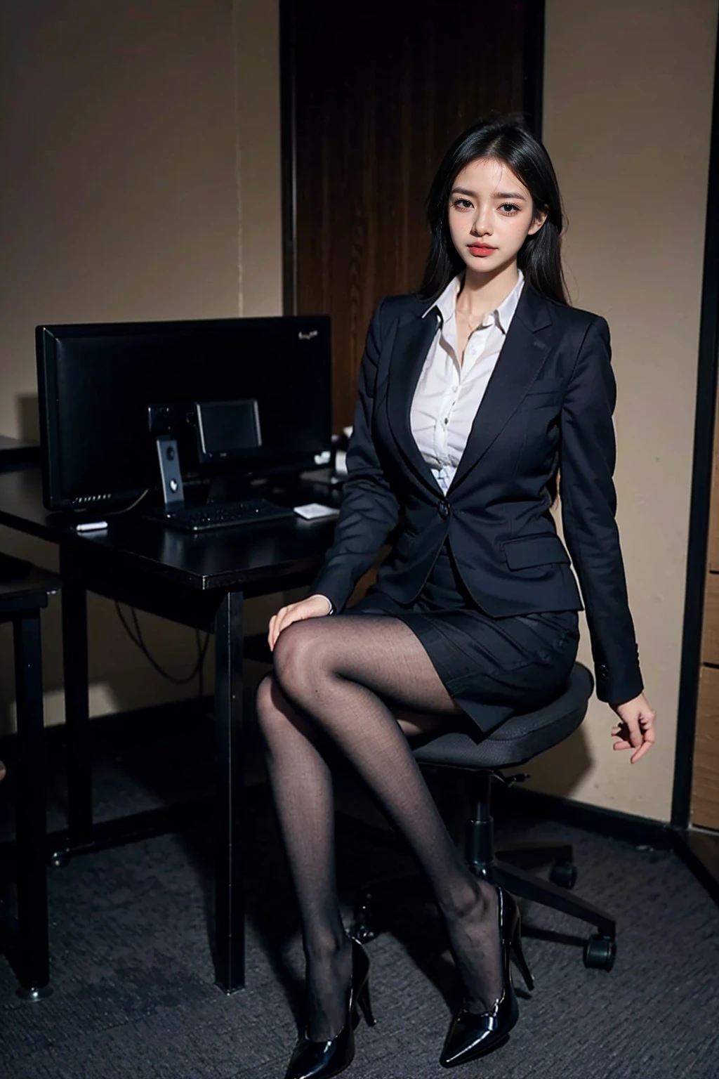 (Masterpiece), ((Best Quality)), (Masterpiece,Best Quality,offcial art,Extremely detailed CG unity 8k wallpaper), (Studio Supplies:1.3), Beauty Photography, miss，Solo,Elegant upper-class elite secretary in a business shirt,Perfect look，Double eyelid eyes，delicate makeup， working in office,wearing a strict business suit, Wearing pantyhose,Wear high-quality heels,Girl in a shirt, Wearing a suit,  huge,full bodyesbian,Wearing a suit, Wearing a suit, merchant, business outfit, wearing a black suit, Wear a shirt and skirt, Woman in a suit, business outfit，Computer Chair，Sits，Erlang Bridge，high-heel，looking up at viewer，cheerful，intricated details，Foot Focus,From below,