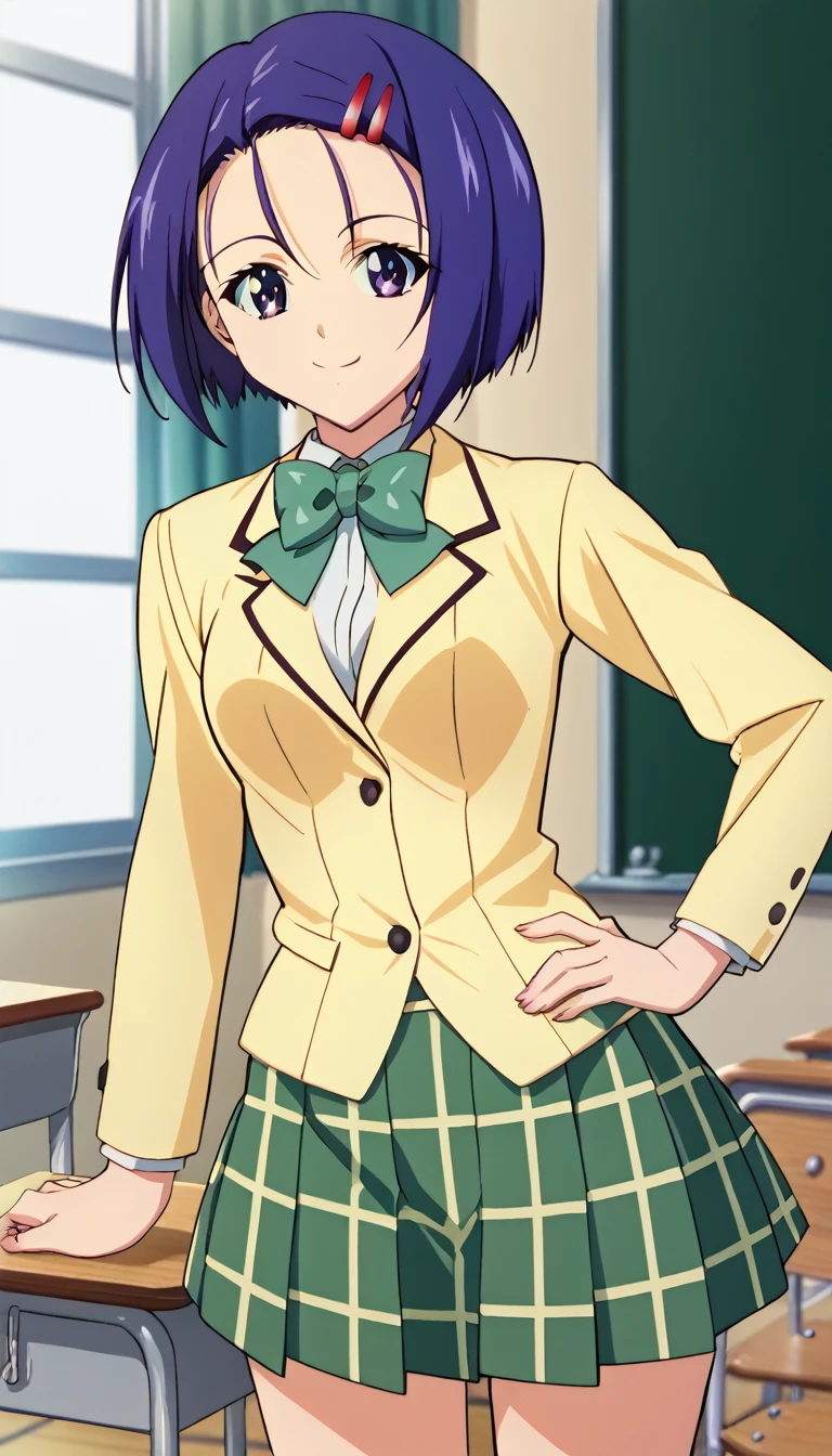 score_9, score_8_up, score_7_up, score_6_up, source_anime, BREAK tlrharuna, medium hair, hairclip, sitting on chair,1girl, solo, green bowtie, blazer, yellow jacket, long sleeves, plaid skirt, green skirt, put hands on hip,cowboy shot, smile, closed mouth,in classroom