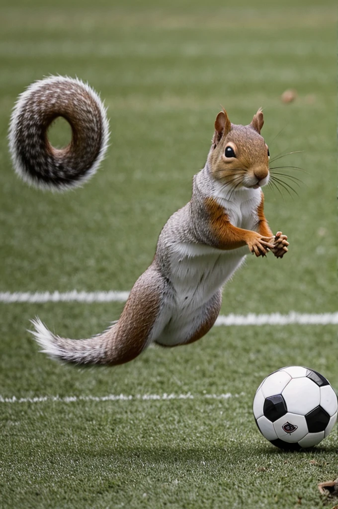 Squirrel kicking a ball