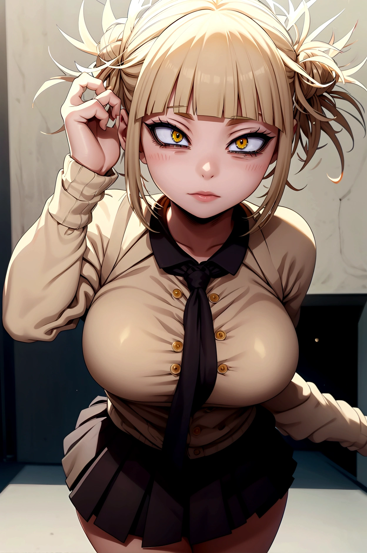 Himiko toga ,\(my hero academia\),my hero academia,picture perfect,eyes perfect ophimiko toga\(my hero academia\),my hero academia,perfect picture,perfect eyes,Short blond hair with two messy pulps in the hair and yellow eyes with cat pupils,  wearing strapless dress, with straight pencil skirt, very sensual, 