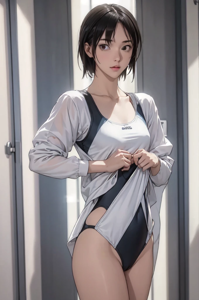 ((masterpiece, best quality)),((highres:1.2)), 1 Girl, solo, Blurred Background, (((Small breasts))), Thighs, (One piece swimsuit), pool,
