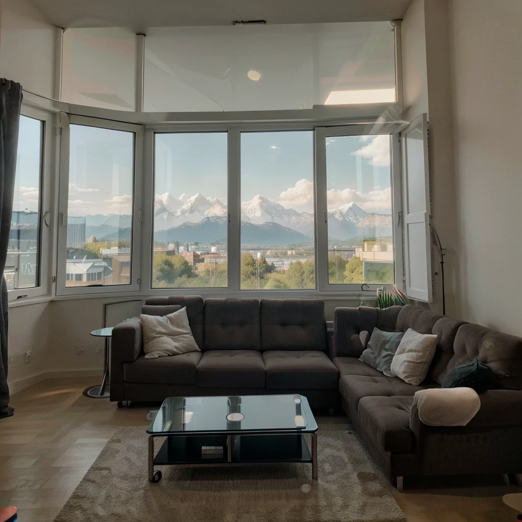 living room, ultra-modern design, minimalism, in black and white gray colors, maximally detailed, Highest resolution, exemplary masterpiece. Design technology - built-in furniture, no free-standing cabinet furniture, all cabinets are walls. In the center of the room is an ultra-modern soft complex made of environmental materials consisting of a three-seater sofa , two-seater sofa, pairs of chairs, everything in the same style and design, stand in a semicircle, in the center of which there is a glass table with a modern coffee service. Freshly brewed coffee poured into cups. Against the soft composite wall-TV, where there is a program about living wildlife. The room has two windows with low wide window sills, on which lie soft mattresses, window sills are used as additional places for sitting and relaxing. At the end of the evening, beautiful sunset. Mountains and forest in the distance, there is a river in front of them.