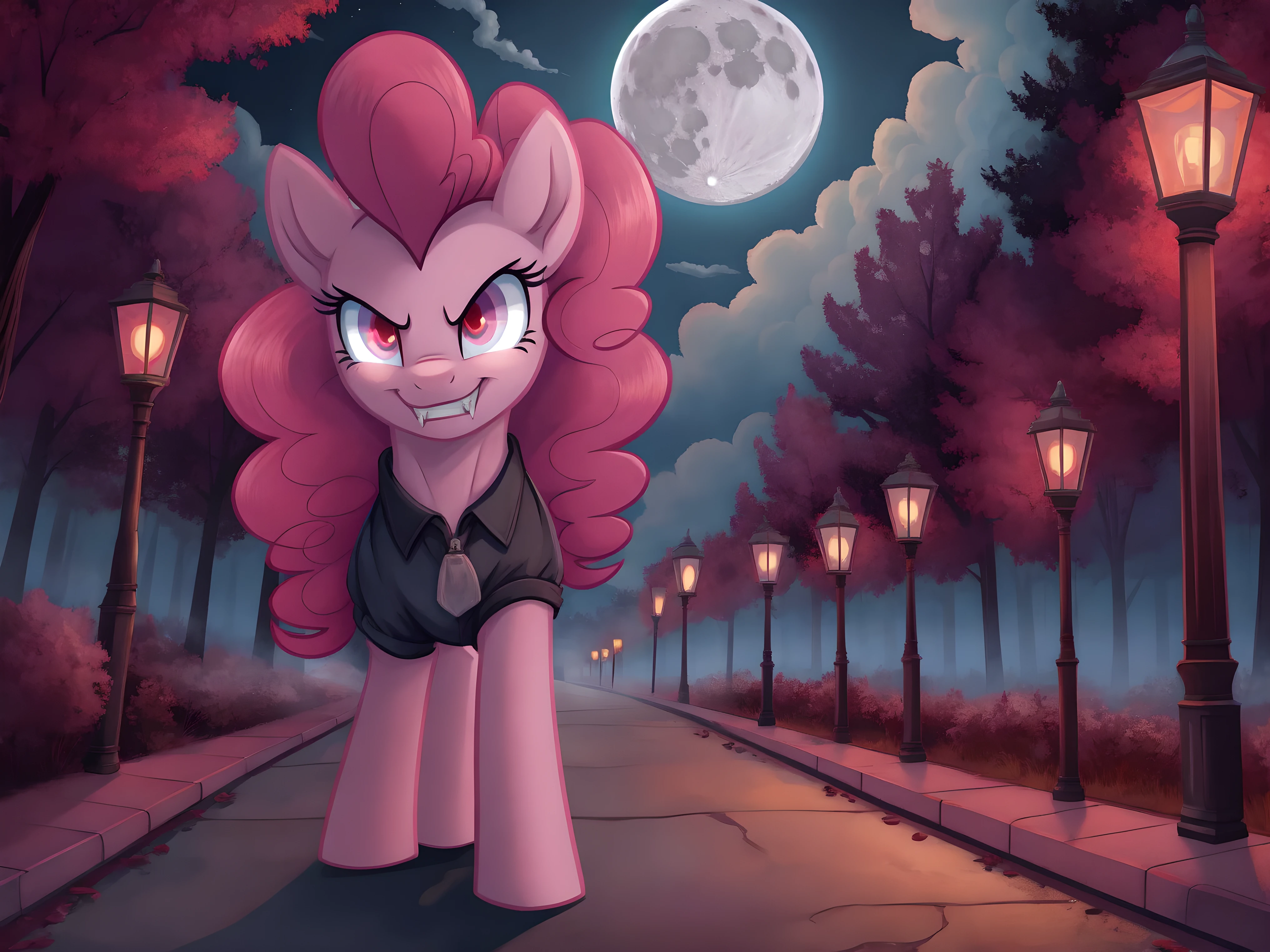 Pinkie pie, pony, walking,  skirt, pussy, pussy juice, vampire teeth, red eyes, glowing eyes, looking at the viewer, smirk, seductive,  in the forest, in public, evening, street lamps, fog, moon, clouds