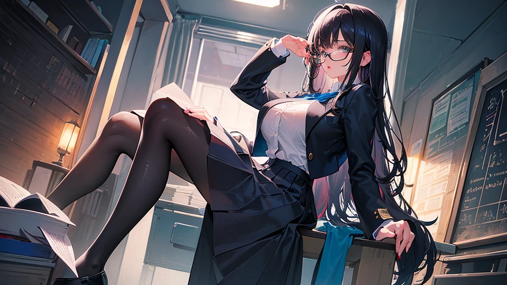 a beautiful detailed girl in a school uniforms, glasses, classroom, black hair, big breast, underboobs, detailed face, detailed eyes, detailed lips, delicate facial features, elegant pose, detailed hand and fingers, full body, detailed folds and textures, vibrant colors, natural soft lighting, 8k, masterpiece, moonlight