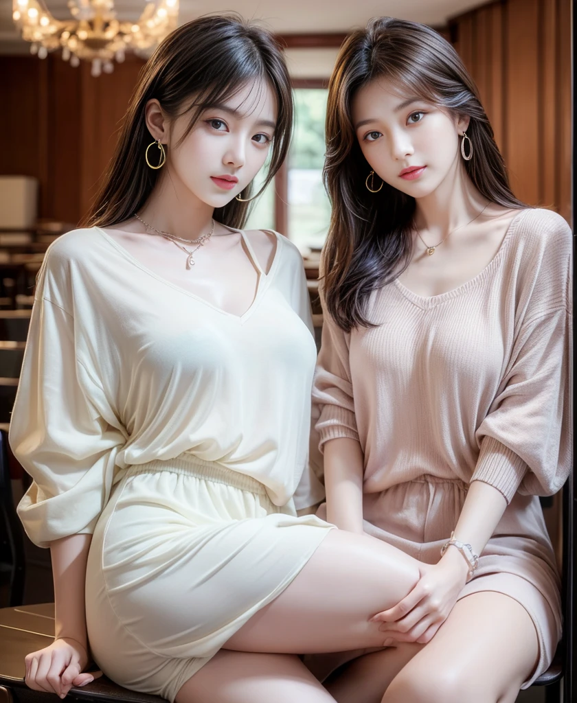 practicalphotography,22 years old,portrait,full Body,Korean,(Mature:1.3),2 girl,beautiful girl,arrogant,Sitting in a large classroom chair,(necklace、earrings、bracelet:1.1),(Environmental details:1.3),(Original image、CG Unity、photography、Ultra-practical details、Clear focus、Delicate skin、4K、high resolution、masterpiece、Best quality、practical、Energetic:1.2),(8K、4K、Ultra-high quality、high resolution、major、ish、dramatic),Detailed home background