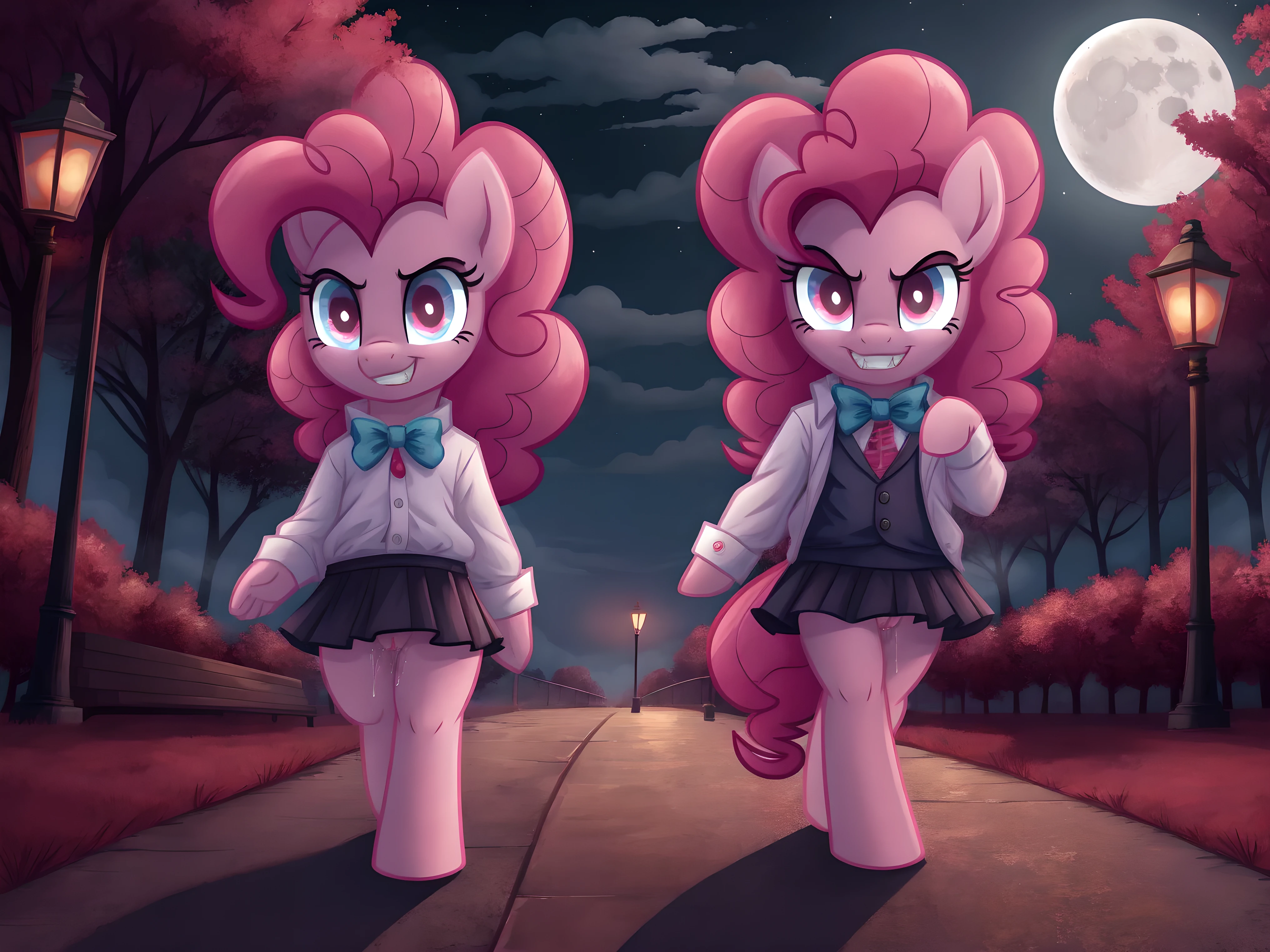 Pinkie pie, pony, walking,  skirt, pussy, pussy juice, vampire teeth, red eyes, glowing eyes, looking at the viewer, smirk, seductive,  in the forest, in public, evening, street lamps, fog, moon, clouds