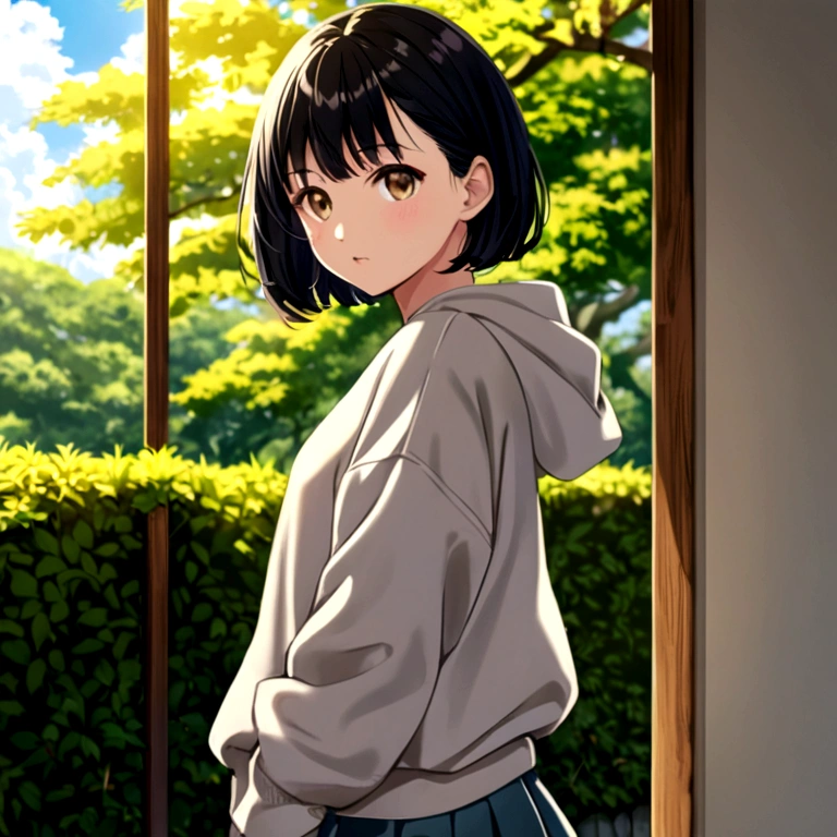 fly away,short black hair, アニメ,wearing sweatshirt and skirt,Light brown eyes,1,68 tall,18-years old , kind and beautiful, Japanese mixed race