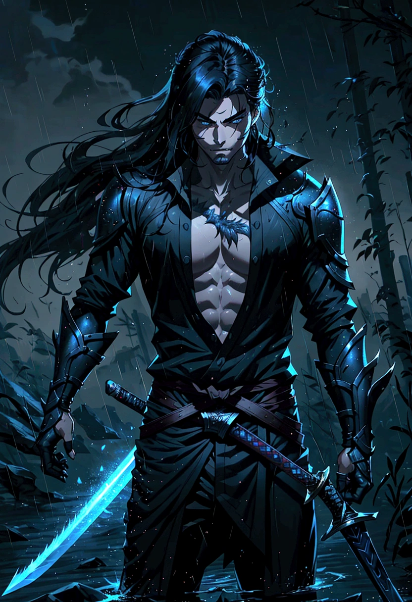 League of Legends Yasso characters, Handsome and delicate face, Armed with a sword, Yasuo uses his sword to blow the wind, Scene in rainy sky, Gray, Ultra-high resolution, 8k. Long flowing black hair, Handsome and stylish, Only a sharp sword,Right hand holding sword