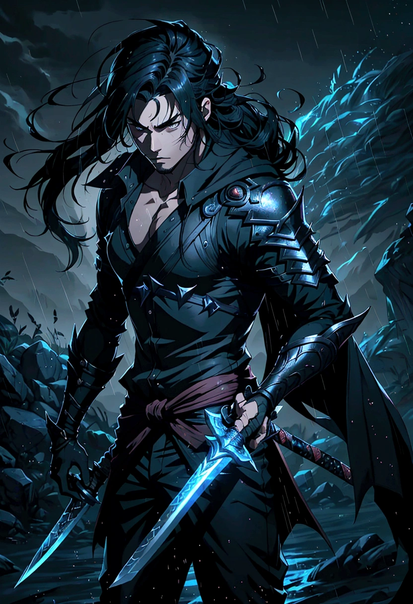 League of Legends Yasso characters, Handsome and delicate face, Armed with a sword, Yasuo uses his sword to blow the wind, Scene in rainy sky, Gray, Ultra-high resolution, 8k. Long flowing black hair, Handsome and stylish, Only a sharp sword,Right hand holding sword