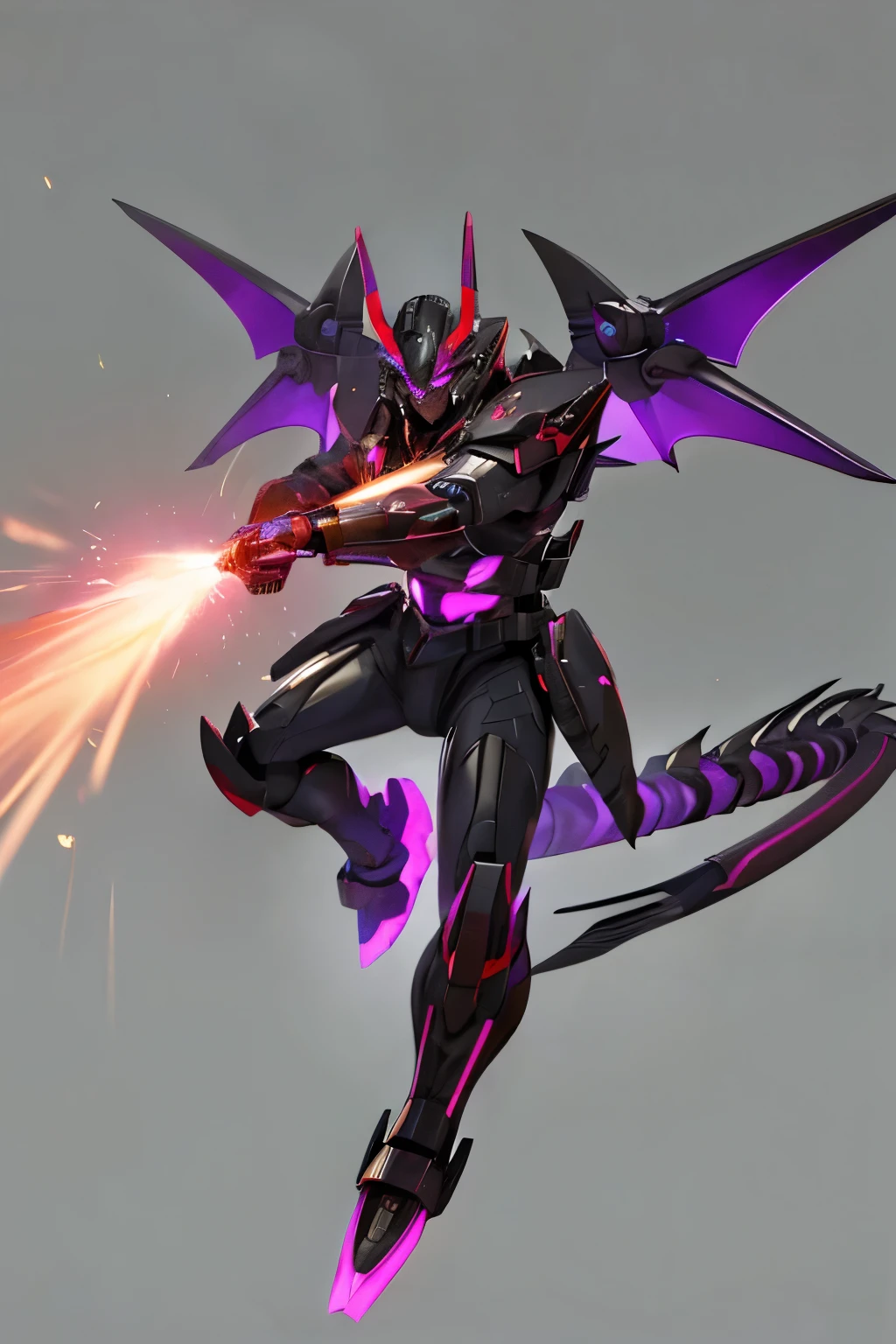 It's mecha dragon armor suit. Its body is completely black with red and purple patterns on its wings, horns, tail, hands, and feet. Its wings can be transformed into a powerful plasma rifle. And the wingtips are assault plasma rifles that can fire multiple shots at a time. The tail is equipped with a high-frequency plasma blade. At the elbow there is a jet to increase the strength of punching or scratching. The hands and feet have sharp claws that can cut even steel. that he can collect electrical charges to use to attack