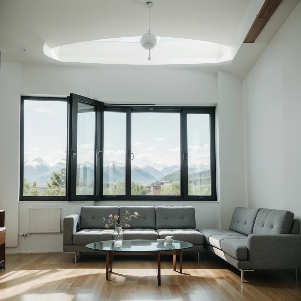 living room, ultra-modern design, minimalism, in black and white gray colors, maximally detailed, Highest resolution, exemplary masterpiece. Design technology - built-in furniture, no free-standing cabinet furniture, all cabinets are walls. In the center of the room is an ultra-modern soft complex made of environmental materials consisting of a three-seater sofa , two-seater sofa, pairs of chairs, everything in the same style and design, stand in a semicircle, in the center of which there is a glass table with a modern coffee service. Freshly brewed coffee poured into cups. Against the soft composite wall-TV, where there is a program about living wildlife. The room has two windows with low wide window sills, on which lie soft mattresses, window sills are used as additional places for sitting and relaxing. At the end of the evening, beautiful sunset. Mountains and forest in the distance, there is a river in front of them.