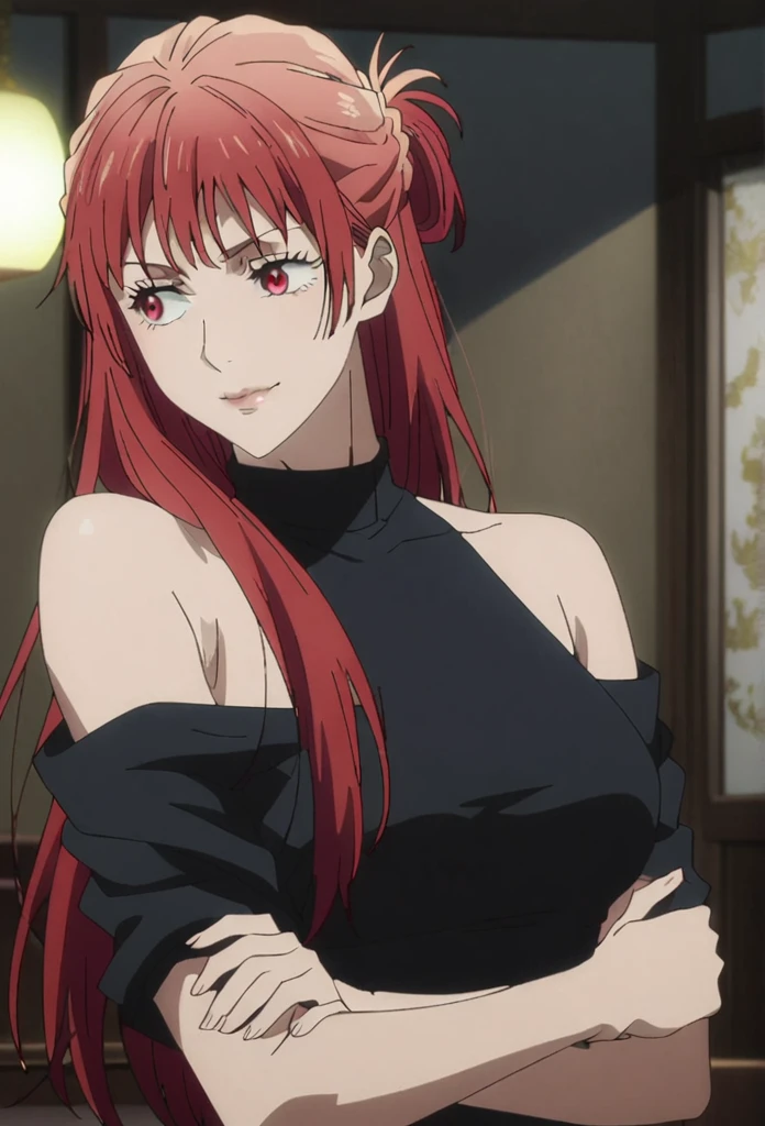 1girl, female gojo satoru, anime screencap from jujutsu kaisen, gojo satoru female version, solo, long_hair, red eyes ((red_hair)), night view, breasts, upper_body, smile, indoors, book, bangs, red_eyes, lips, ((her hairstyle : The character in the image has long straight red hair)) wearing black dress, bare shoulder, breast, "very detailed and high resolution" (red eyes) ((cross arms)) ((long hair)) ((solo))