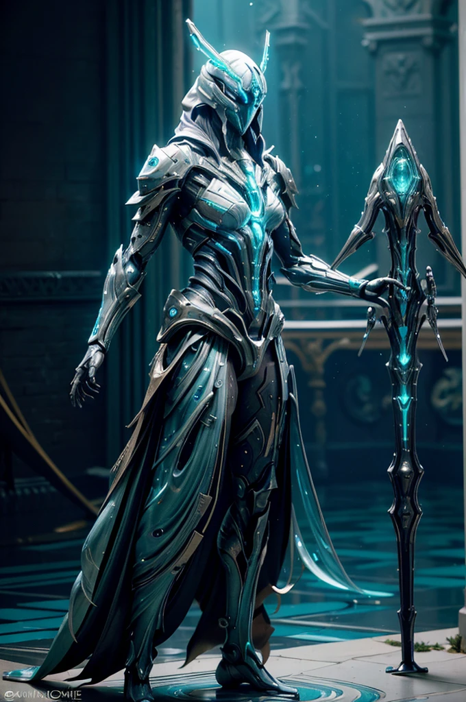 futuristic, Warframe, character design, water-inspired, fluid, sleek, metallic, aquamarine color scheme, rippling textures, biomechanical elements, glowing accents, intricate details, dynamic pose, underwater environment, bubbles, reflections, high-tech, cybernetic, agile, powerful, energy effects, hydrodynamic, ethereal, otherworldly, advanced technology