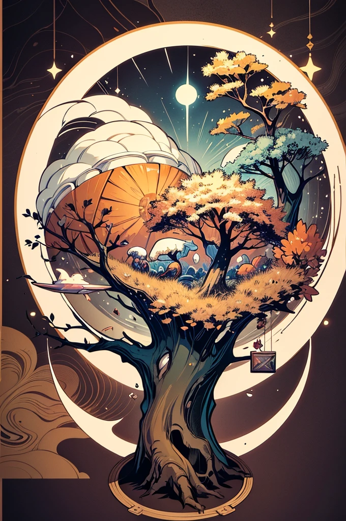 circular tree,four seasons,spring,summer,autumn,winter,leaves,roots,branches,trunk,ornate border,decorative,digital illustration,artwork,movement,time,swirling background,dark background,vibrant colors,natural,life cycle,growth,change,nature,life,peace,harmony,spirituality,symbolism,digital art,illustration,painting,graphic design,art,design,digital media,online art,visual art,fine art,fantasy