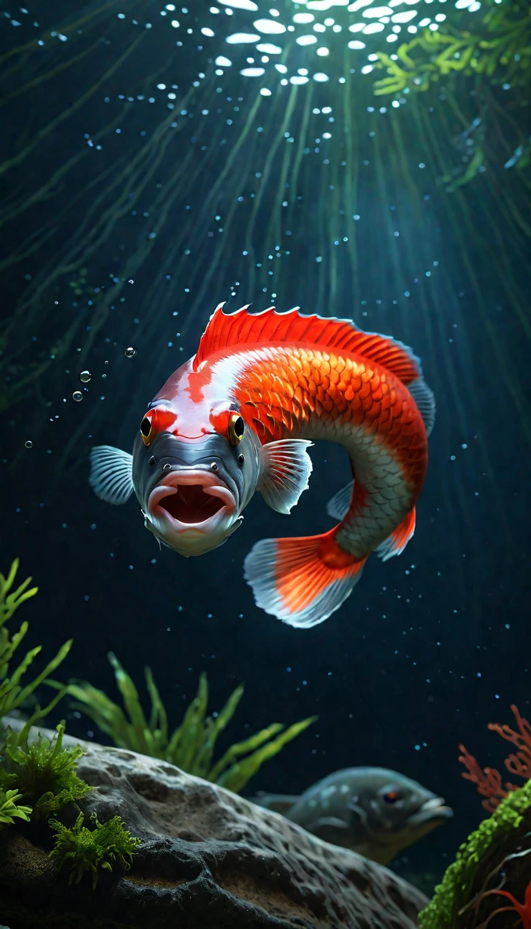 Panorama，河里有一种Mysterious Creatures：Red fish body，Human face，Mysterious Creatures, shrike, (best quality，4K，8K，High level，masterpiece：1.2），Ultra Detailed，（lifelike，Photo real，Photo real：1.37），Highly detailed animals，Complex patterns，Realistic lighting，Fantasy Creatures